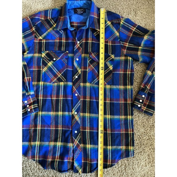 Vintage William's Bay Men's Flannel Shirt Blue Yellow, Red, Pearl Snap Large - Picture 7 of 15